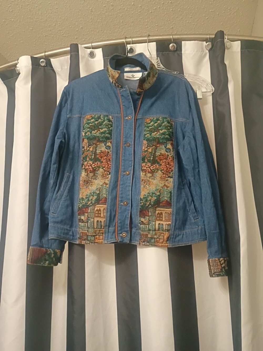 erin london Blue Denim Jacket with Village Tapestry Panels
